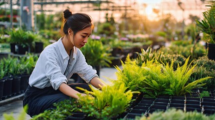 Young Asian woman tending to ferns in a lush greenhouse at sunset.