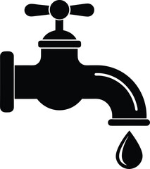 Black silhouette of a water tap with a water drop