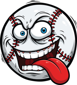 Cartoon illustration of a baseball character showing a silly face with a long red tongue