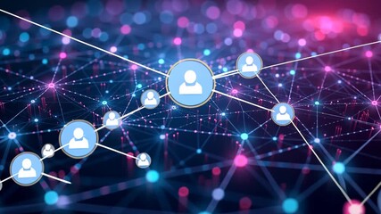 Digital network connections with social media icons on glowing vibrant background - Powered by Adobe