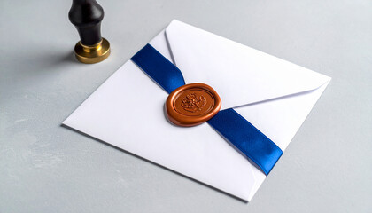 Elegant White Envelope with Copper Seal and Navy Ribbon, A close-up of a white envelope featuring a decorative copper wax seal with a floral design, and a navy blue ribbon.