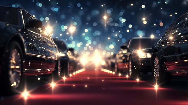 Elegant Night Red Carpet Event with Shining Cars and Bokeh Lights