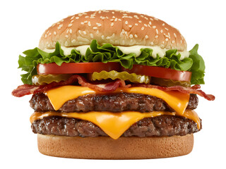 Delicious double cheeseburger with bacon isolated on transparent background