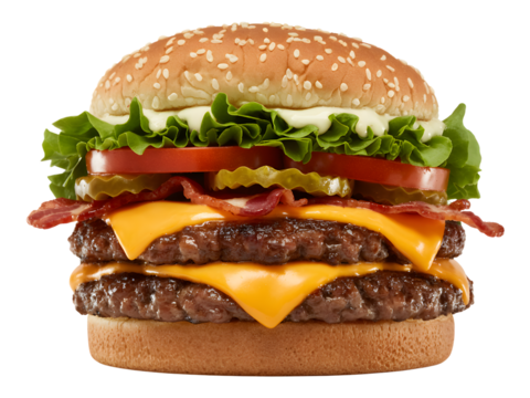Delicious double cheeseburger with bacon isolated on transparent background