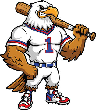 Cartoon eagle mascot in a baseball uniform holding a bat ready for american sport action