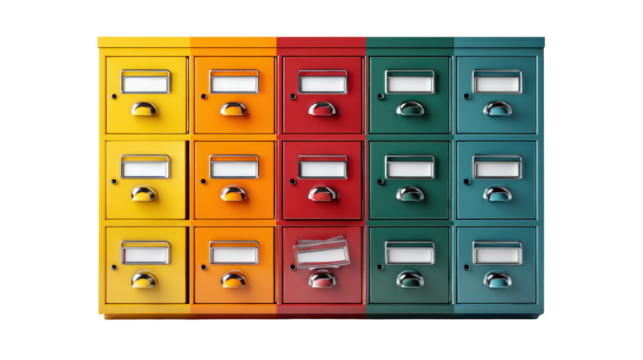 Filing cabinet with label holders on each drawer background isolated on a Transparent background, PNG file.
