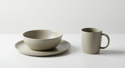 Ceramic Bowl, Plate, and Mug on White