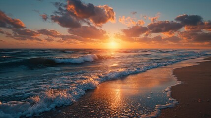 Sunset Over Ocean Beach with Golden Light and Cloudy Sky