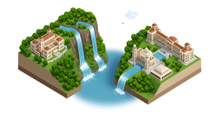 Isometric architectural concept of a luxurious resort complex on two separate islands with waterfalls and lush nature.