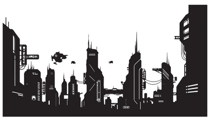 Futuristic cityscape silhouette with flying vehicles, black and white illustration of a sci-fi city © Zulfa