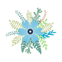 Wild and garden flowers, leaves. Modern vector botanical illustrations, hand drawn floral design elements