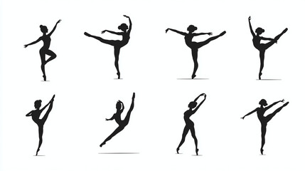 A collage of black ballerina silhouettes, gracefully striking diverse poses against a clean white background. Captivating dance artistry on display.