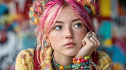 Fototapeta premium Young Girl with Colorful Hair and Accessories in Artistic Background