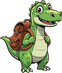 Fototapeta premium Cheerful cartoon dinosaur with a brown backpack ready for adventures or learning