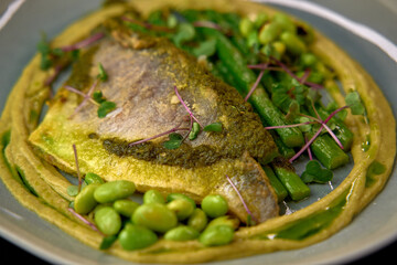 Flavorful Dish Featuring Herb-Crusted Fish Served on a Bed of Pureed Greens with Fresh Vegetables and Garnished with Microgreens for an Exquisite Presentation