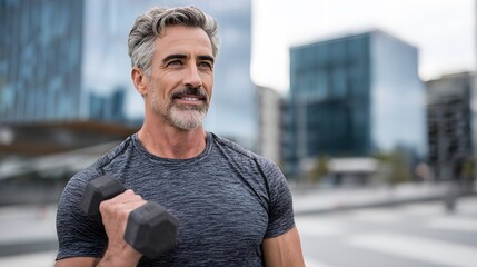Fit mature man works out with dumbbells in urban setting. He is exercising outdoors with modern buildings in the background.