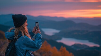 Obraz premium Young Woman Wearing Blue Jacket and Black Beanie Taking Photos with Smartphone During Sunset in Mountain Landscape