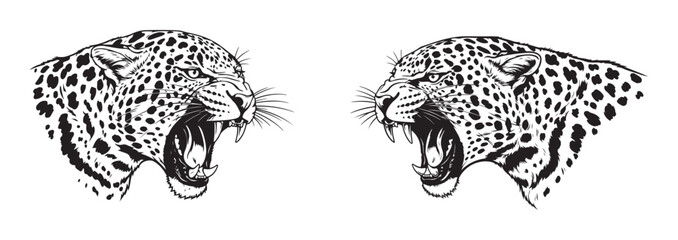 Two Roaring Leopards Face Off - Black and White Tattoo Art