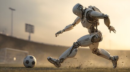 A futuristic robot player kicks a soccer ball on a stadium field under a bright sky, blending technology and athleticism in sports.