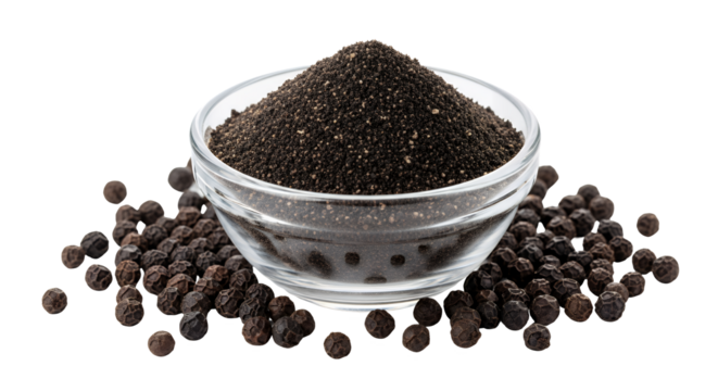 Black Pepper Powder and Seeds in Glass Bowl on Transparent Background