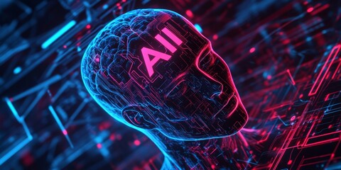 3D rendering of the word "AI" in hologram form on top of a human head, with a circuit board background. The color theme is dark blue and red