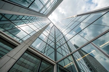 Obraz premium Modern Glass Skyscrapers Reflecting Clouds in City Architecture