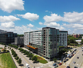 Aerial view of the Smoky Hollow area near downtown Raleigh, with shops, restaurants and apartments