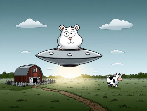 Hamster piloting a UFO above a farm, cow being lifted by beam, hamster smugly sipping space juice, horizontal