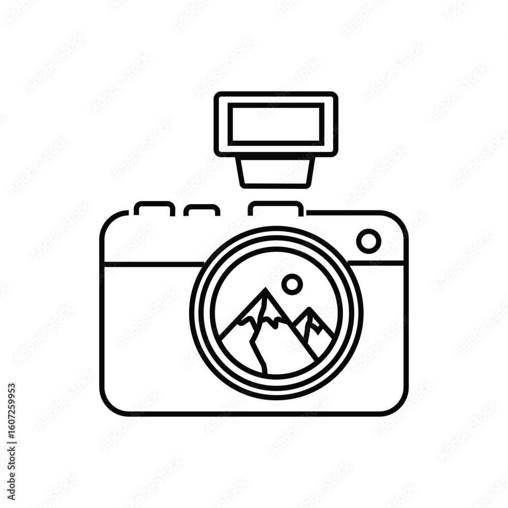 Fototapete Camera with image icon in outline style representing photography photo shoot media content picture snapshot lens and digital visual documentation concept

