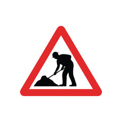 Construction site warning road sign illustrating a worker with shovel inside a red triangle