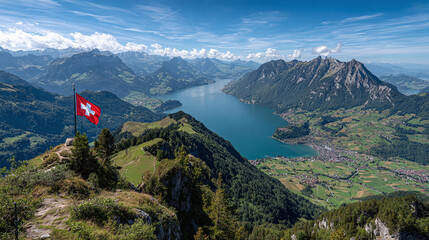 Scenic mountain landscape with a lake under a blue sky. The Swiss flag is seen waving atop a peak, creating a beautiful vista.