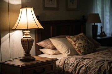 Serene Bedroom with a Glowing Lamp on a Wooden Nightstand, Cozy and Calming Atmosphere