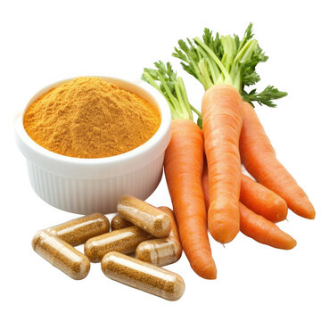 Beta Carotine Powder and Capsules with Vegetables isolated [Transparent Background PNG].