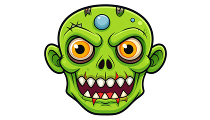 Fototapeta premium Cartoon depiction of a green zombie head with visible stitches, teeth, and glowing eyes.