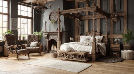 A luxurious, antique-style bedroom interior with a four-poster bed.