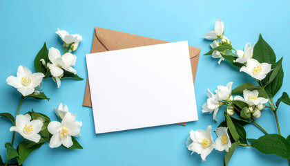 Bright beautiful tulips bunch with water drops on blue background with blank white card, top view, frame, place for text, vertical. Springtime greeting card
