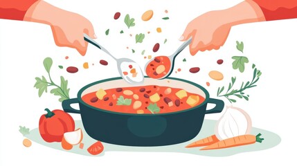 Hands adding ingredients to a pot of chili.