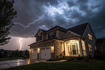 Dramatic Lightning Storm Over a Suburban Home at Night