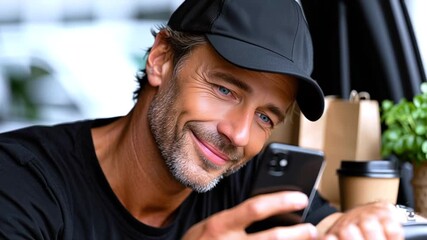 Delivery worker smiling, holding smartphone amid takeaway meals and coffee, embodying contemporary work satisfaction inside vehicle - Powered by Adobe