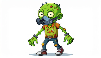 A cartoon zombie, green-skinned and decaying, wears a respirator mask and casual clothing while walking.