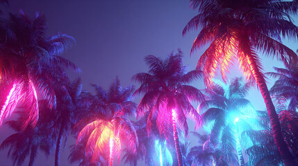 Vibrant palm trees glow in electric hues of purple, pink, yellow, and blue, evoking a retro, neon-lit tropical vibe under a dusky sky. Dreamy & Energetic.