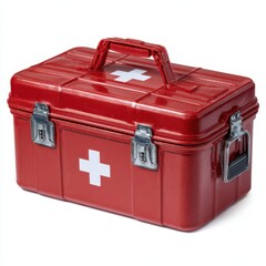 Red metal first aid kit box with cross symbol isolated on white background