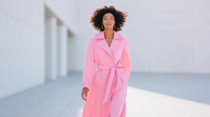 Confident Young Woman in Pink Trench Coat Walking Urban Street