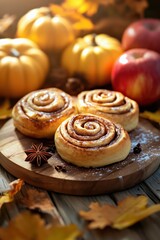 Fototapeta premium Freshly baked cinnamon rolls on a wooden platter, surrounded by autumn leaves, pumpkins, and apples, creating a warm and inviting seasonal atmosphere for cozy gatherings