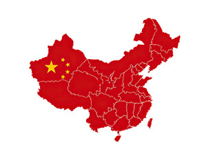 Political map of China in red with yellow stars