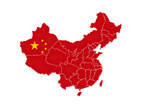 Political map of China in red with yellow stars