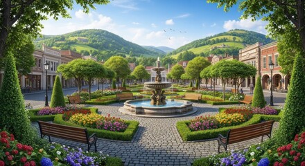 Fototapeta premium Charming European Town Square with a Beautiful Fountain and Lush Greenery