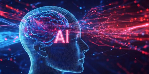 A human head with the letters "AI" inside, and digital brain waves moving around it.
