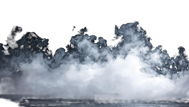 Smoke billows across a dark background
