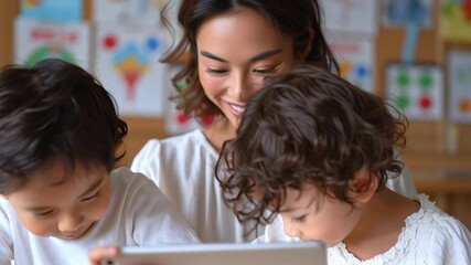 Mother teaching young children digital skills, using tablet together, nurturing family learning connection at home - Powered by Adobe